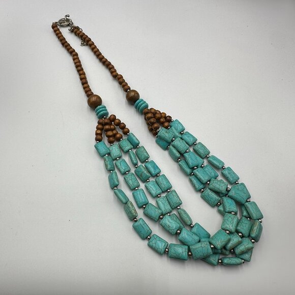 Faux Turquoise Beaded Necklace Wood Beads Multi Strand Statement Boho Western - Picture 7 of 11